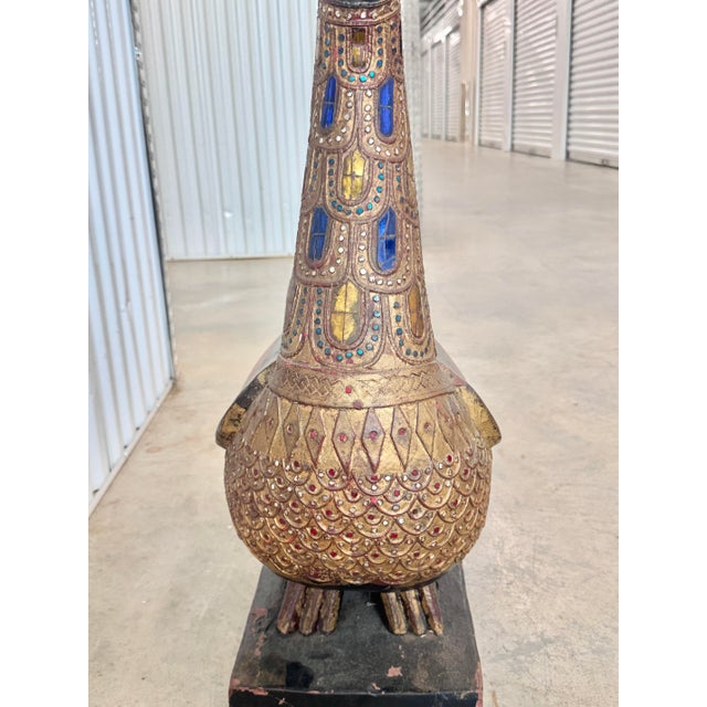 Vintage Indonesian Balinese Folk Art Painted Wood Temple Swan Statue For Sale - Image 4 of 12