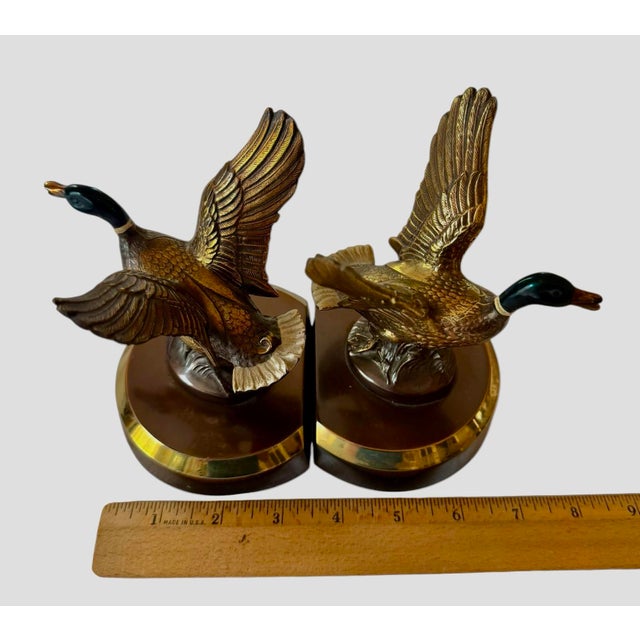 ​Mid 20th Century Solid Brass Mallard Ducks in Flight Bookends Attributed to Pm Craftsman - A Pair For Sale - Image 11 of 12
