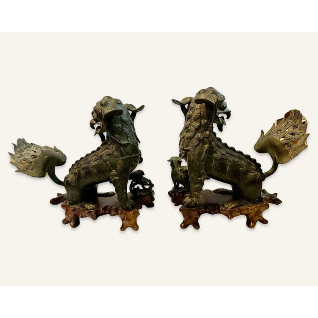 These late Ming Dynasty bronze Foo Dogs or Temple Lions are fierce and somewhat primitively rendered. They are a proper...