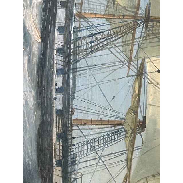 Vintage Signed Maritime Oil Painting of Sailing Ship in Ornate Gilt Frame, 11.5” X 9.5” For Sale - Image 9 of 11