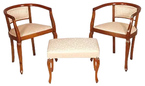 Art Nouveau Italian Walnut Hand-Carved Armchairs & Stool Set, 1910s, Set of 3