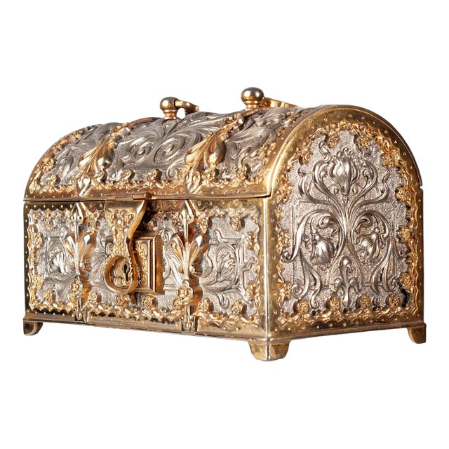 1900s Jugendstil Golden and Silver Brass Jewelry Casket With Blue Velvet-Lined Interior by Erhard & Söhne, Germany For Sale