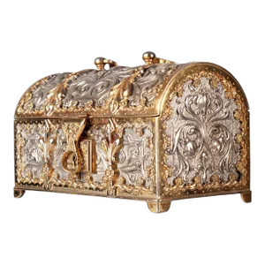 1900s Jugendstil Golden and Silver Brass Jewelry Casket With Blue Velvet-Lined Interior by Erhard & Söhne, Germany