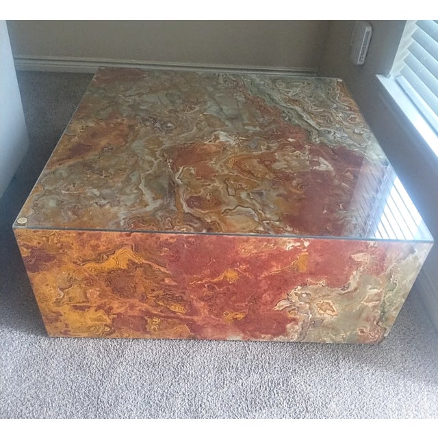 Glass 1970s Italian Amber Marble Mid-Century Postmodern Square Coffee Cocktail Table For Sale - Image 7 of 13