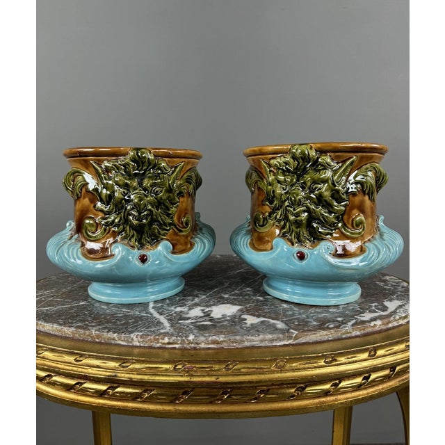 19th Century Mascaron-Decorated Earthenware Cachepots, Set of 2 For Sale - Image 11 of 11