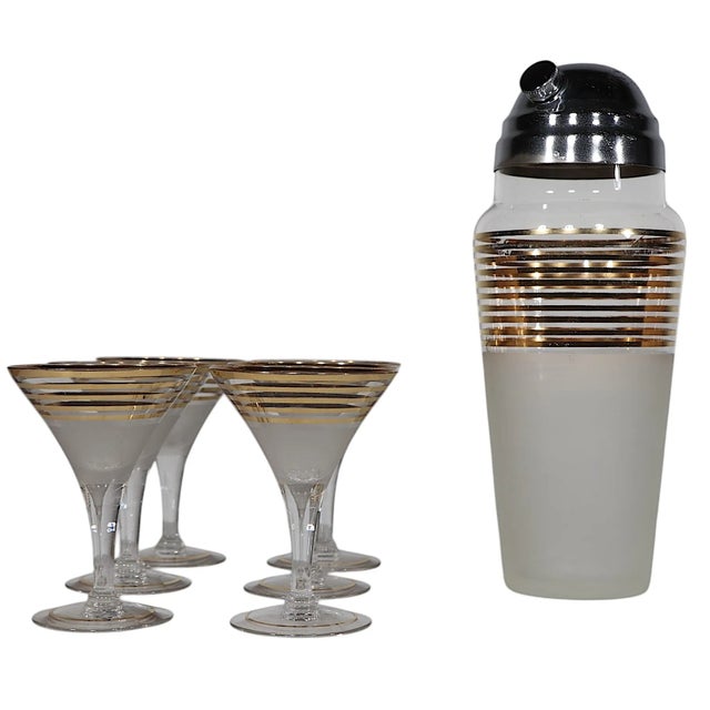 7 Pc. Art Deco Mid Century Gold Band Cocktail Set by Derby Shelton C 1940's For Sale - Image 12 of 12
