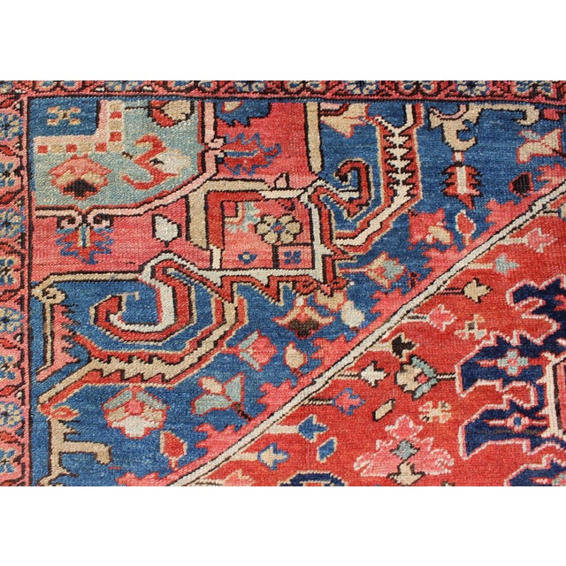 Antique Persian Serapi Rug With Geometric Central Medallion and Colorful Design 10' X 12' For Sale - Image 9 of 12