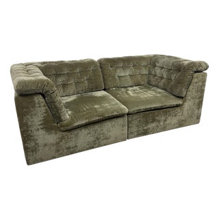 Vintage Olive Velvet Modular Two-Seater Sofa, 1960s For Sale