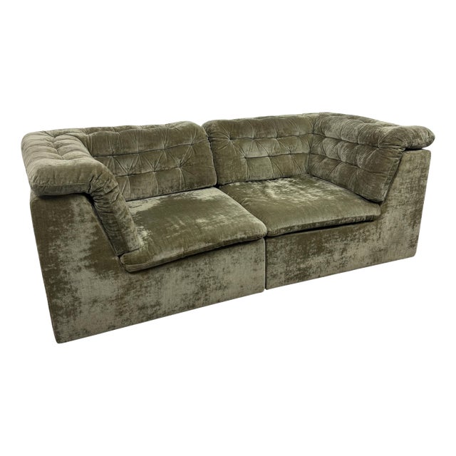 Vintage Olive Velvet Modular Two-Seater Sofa, 1960s For Sale