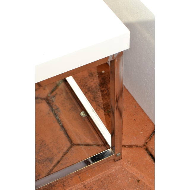 Modern White Glossy Top Chrome Coffee Table With Tempered Glass Bottom Shelf For Sale - Image 9 of 18