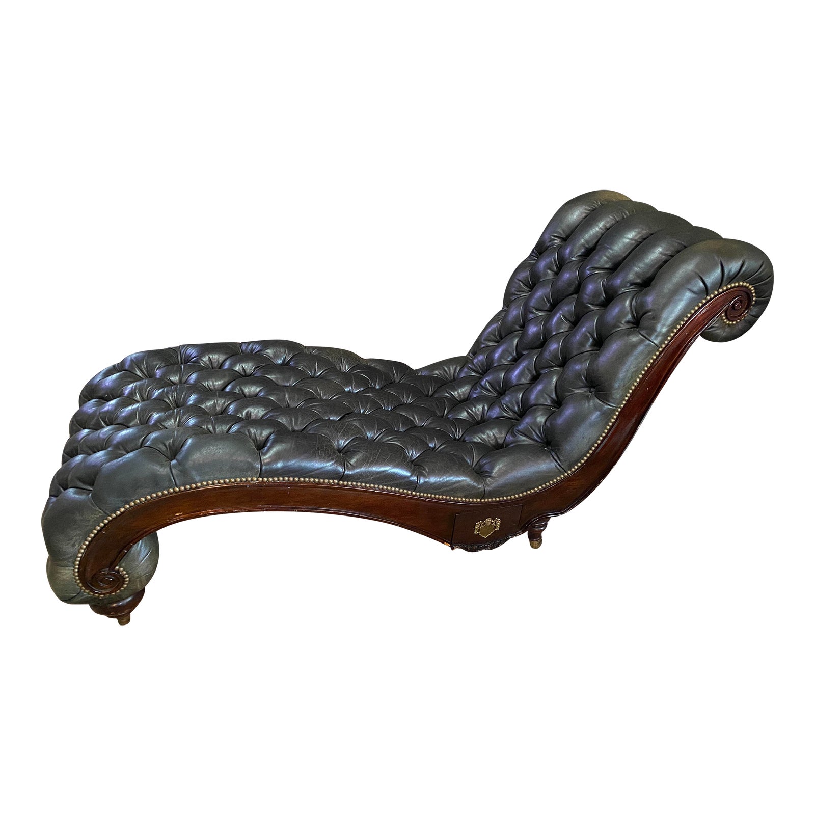 1980s Henredon Chesterfield Mahogany Tufted Charcoal Grey Leather