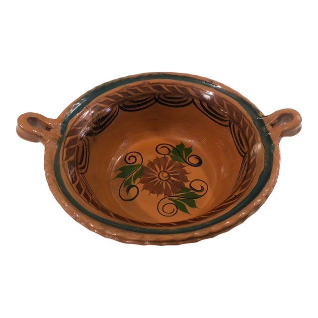 Large Vintage Mestizo Hand Thrown Mexican Pottery Bowl W/ Handles For Sale