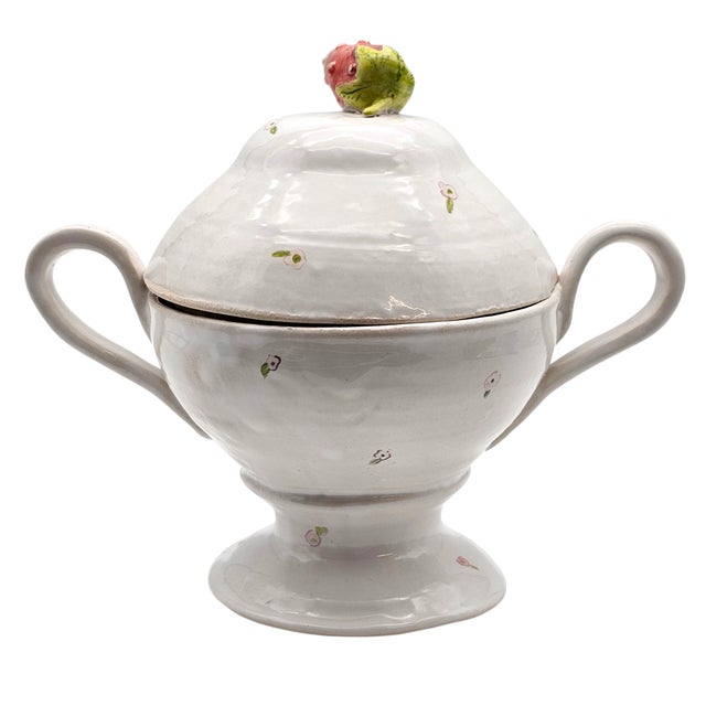 White Vintage Studio Art Pottery Covered Comport With Cottage Berry and Strawberry Finial For Sale - Image 8 of 17