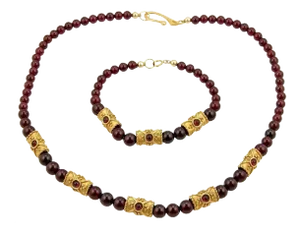 Rhodolite Beaded 14k Yellow Gold Necklace Bracelet Set, 2 Pieces