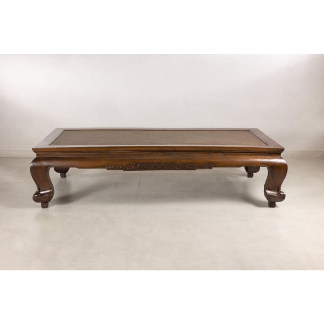 Antique Chinese Elm Opium Bed Coffee Table with Woven Rattan Top and Scroll Legs For Sale - Image 13 of 18