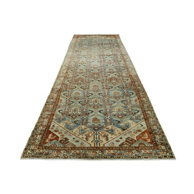 Antique Hamadan Persian runner with premium wool and captivating all-over design in beige and rust accents on a light blue...