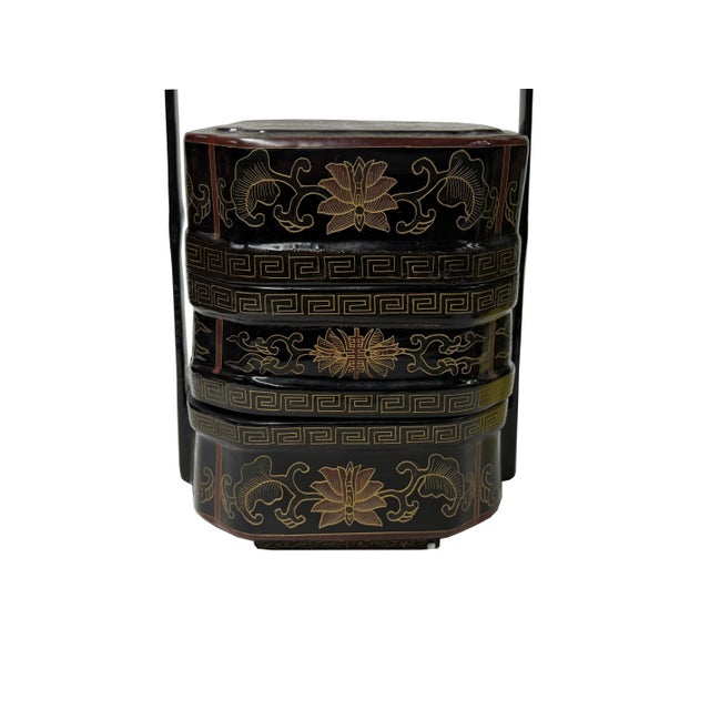 Vintage Chinese Black & Gold Lacquered Wood Basket Floral Geometric Motifs For Sale - Image 10 of 11