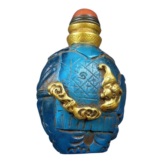 Antique Gilt Blue Glass Snuff Bottle With Bat Motif - Asian Collectible For Sale