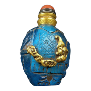 Antique Gilt Blue Glass Snuff Bottle With Bat Motif - Asian Collectible