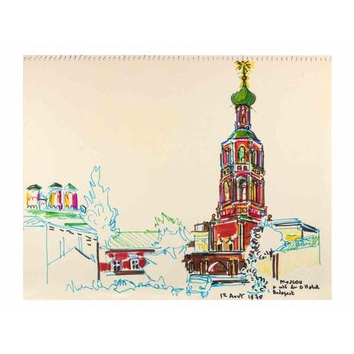 Moscow is a Color Markers Drawing realized by Reynold Arnould (Le Havre 1919 - Parigi 1980). Good condition on a sheet of...