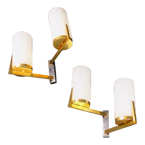 Stilnovo, Pair of Sconces, Brass, Opaline, Italy 1950's