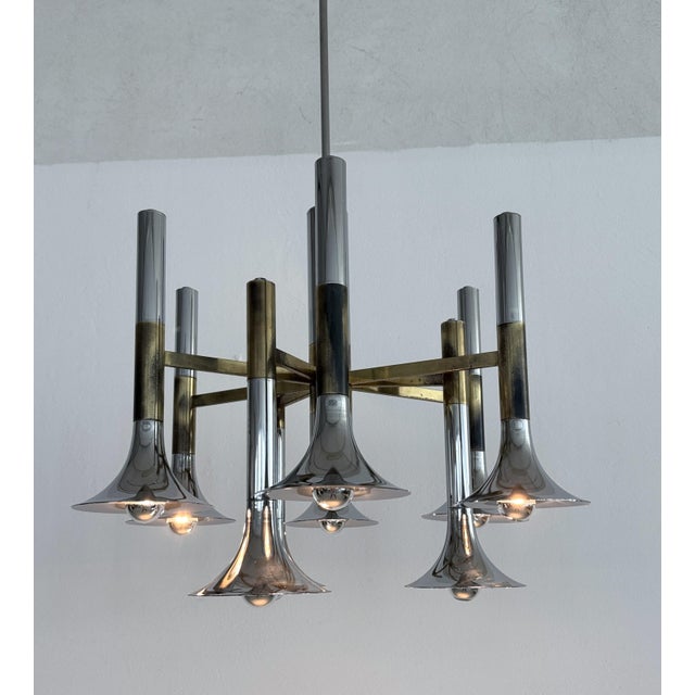 Large Italian Chrome and Brass Trumpet Chandelier attributed to Lumi Milano, 1970s For Sale - Image 9 of 18