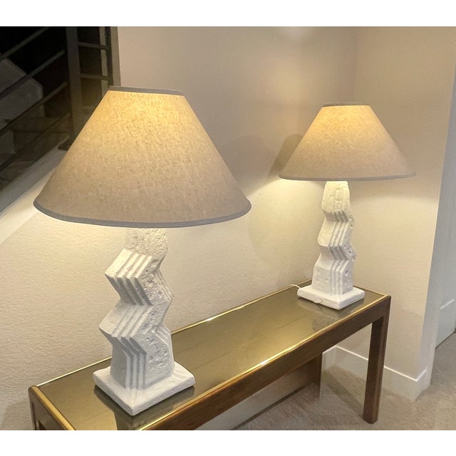 1980's Post Modern White Zig Zag Plaster Lamps by Ziggurat - A Pair For Sale - Image 10 of 12