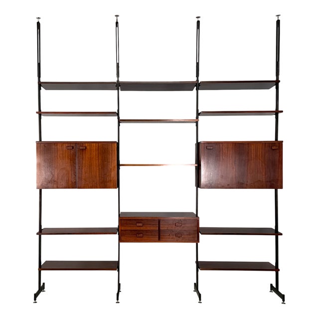 Mid-Century Modern Italian Modular Bookcase in Wood and Metal, 1960s For Sale