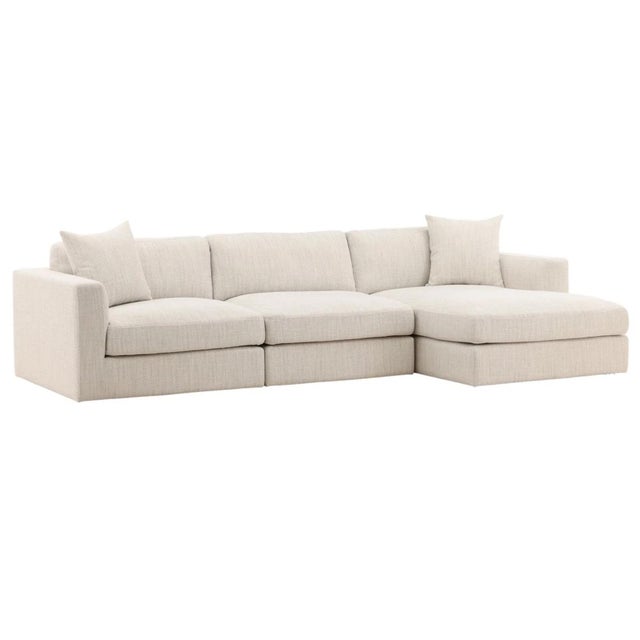 Contemporary woven fabric chaise sofa (right side) in fresh light taupe color. Airy, visually light piece perfect for many...