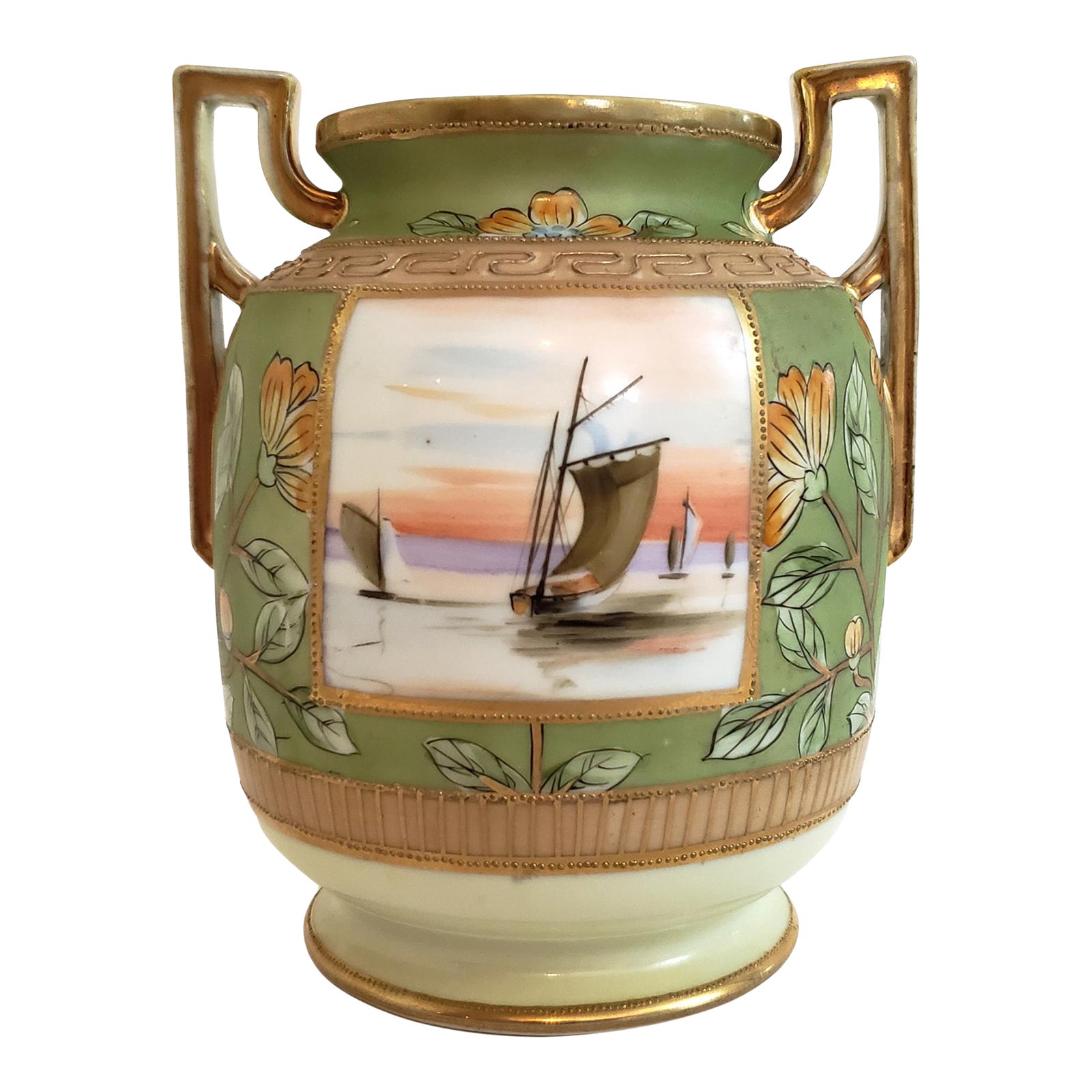 Antique 1910s Japanese Pottery Vase in Celadon Green With Poppies