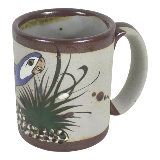 Vintage Signed Mateo Mexican Tonala Pottery Mug With Bird For Sale