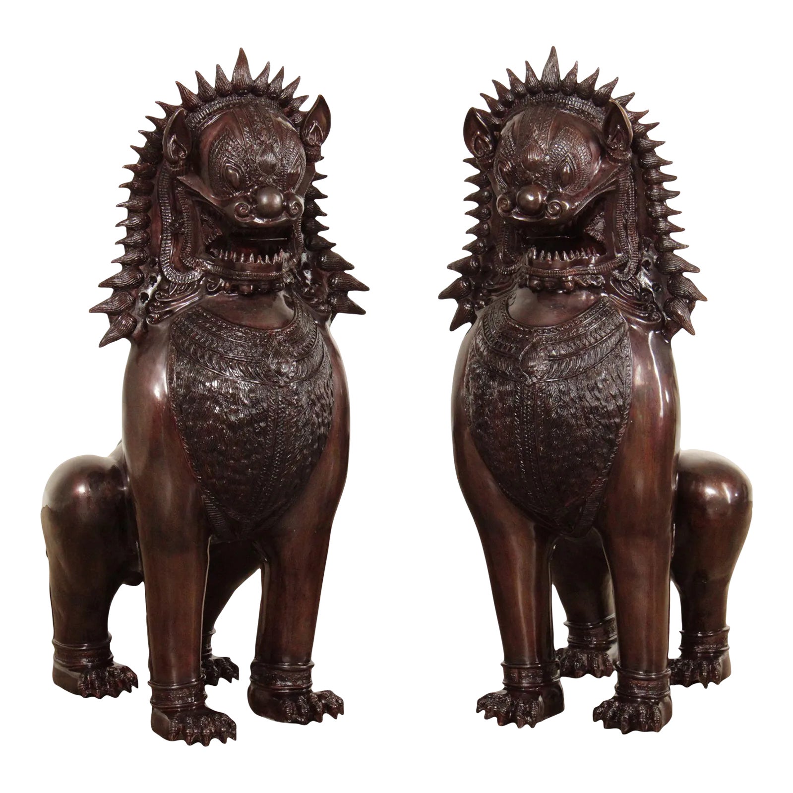 Quality Pair of Large Thai Foo Dog Bronze Statues Chairish