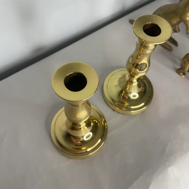 Traditional Brass Candlestick Holders- a Pair For Sale - Image 4 of 6