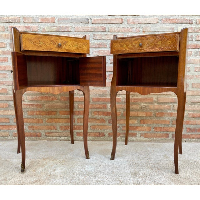 Pair of French Marquetry Bedside Tables with Drawer and Cabinet, 1940s For Sale - Image 9 of 13