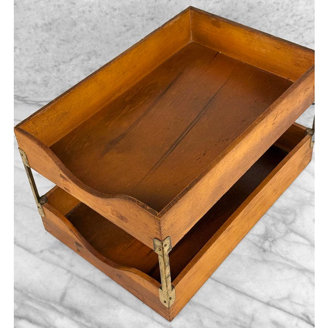 Brown Antique Traditional Wood Desk Top Double File Letter Library Tray For Sale - Image 8 of 11