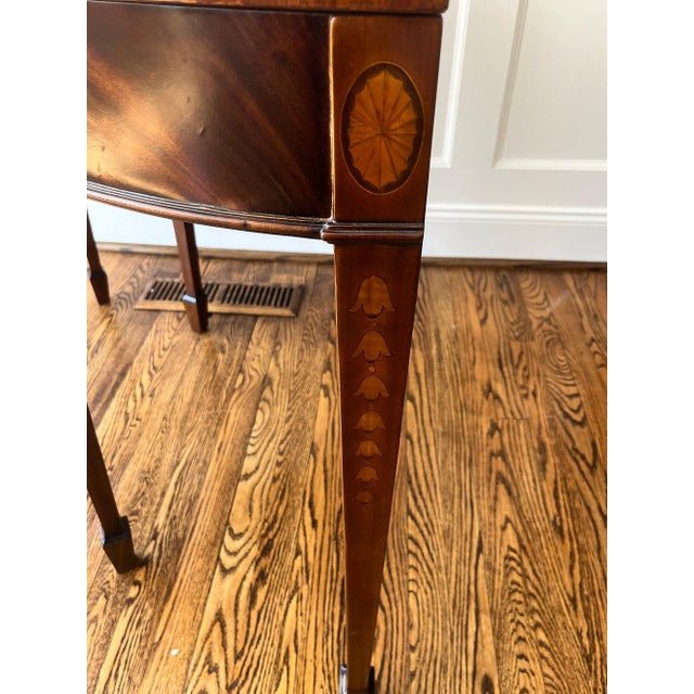 Burgundy Mid 20th Century Pair of Inlaid Demilune Hepplewhite-Style Console Tables For Sale - Image 8 of 9
