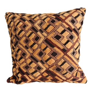 Vintage Black and Tan Raffia Velvet Kuba African Square Decorative Pillow For Sale
