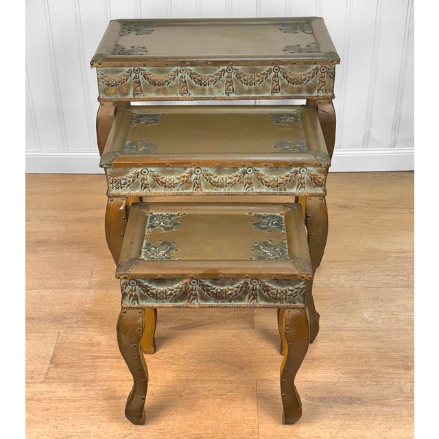 Vintage Traditional Rococo Leather Wrapped Nesting Tables - Set of 3 For Sale - Image 4 of 11