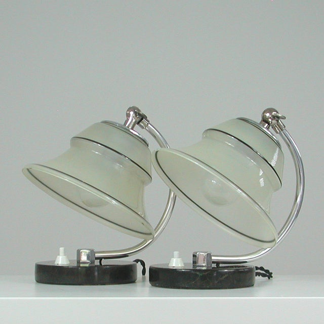 German Art Deco Enameled Satin Glass, Marble and Aluminum Table Lamps, 1930s, Set of 2 For Sale - Image 4 of 18