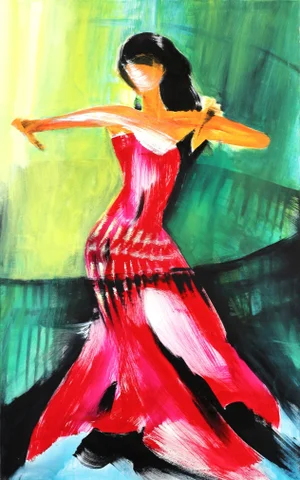 Contemporary Painting "Dancer in Red" Original Red Figurative Artwork on Abstract Green Canvas by Bettina Mauel