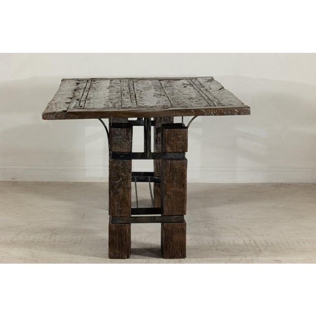 Chocolate Vintage Rustic Reclaimed Teak Table with Distressed Top and Metal Base For Sale - Image 8 of 12