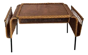 Vintage French Cane and Black Wrought Iron Desk with Storage Baskets, 1960s