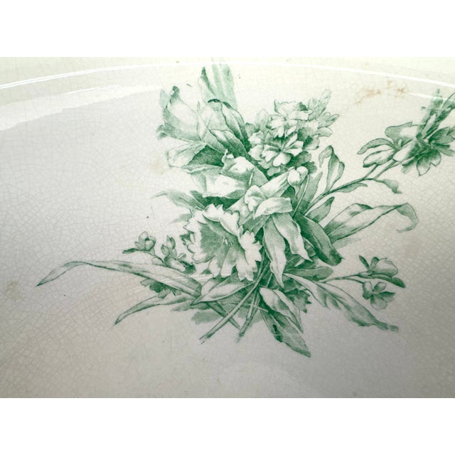 French Antique French Digoin Ironstone Serving Bowl Green Floral For Sale - Image 3 of 9