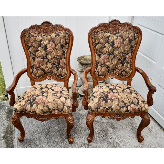 Tuscan Vintage Pair of Thomasville Carved Tuscan Style Arm Chairs W/Floral Fabric For Sale - Image 3 of 11