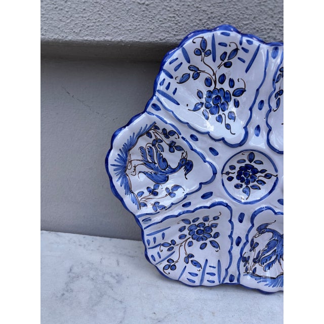 Rustic French Blue & White Faience Oyster Plate Moustiers Style, Circa 1940 For Sale - Image 3 of 4