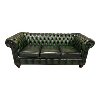 Vintage Mid-Century English Leather Chesterfield 3 Seat Sofa, Green For Sale