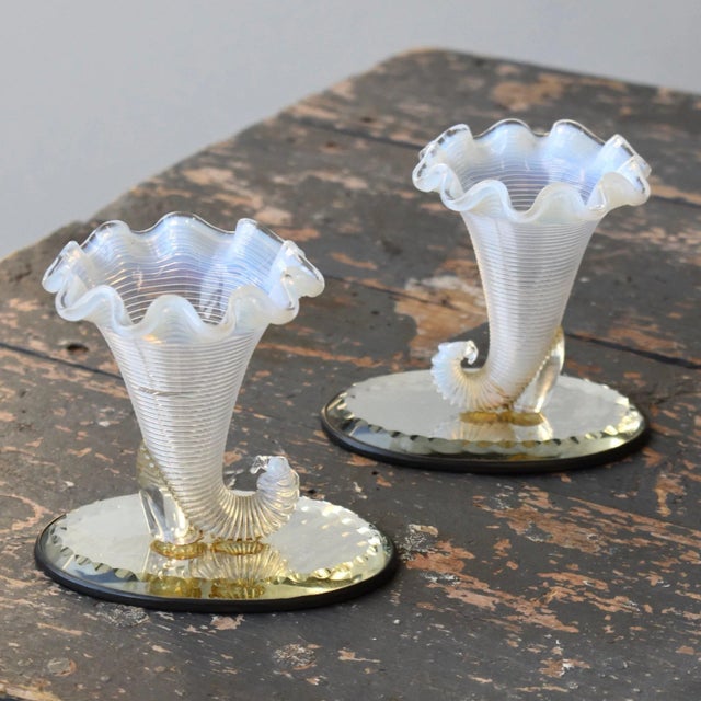 Vintage Opalescent Blown Glass Cornucopia-Style Trumpet Vessels on Mirrored Cut Glass Bases, A Pair, Circa 1930s. These...