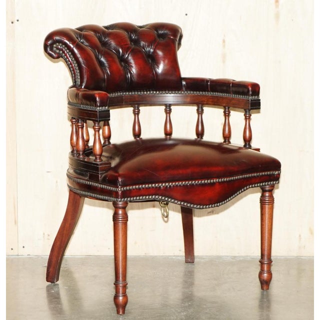 Oxblood Leather Chesterfield Captain's Chairs with Floor Lock Rings, Set of 2 For Sale - Image 3 of 18