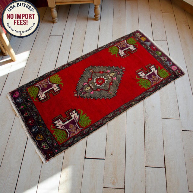Textile Vintage Oushak Small Rug 2x3 Hand-Knotted Red Turkish Wool Mat Door Mat Entry Decor For Sale - Image 7 of 14