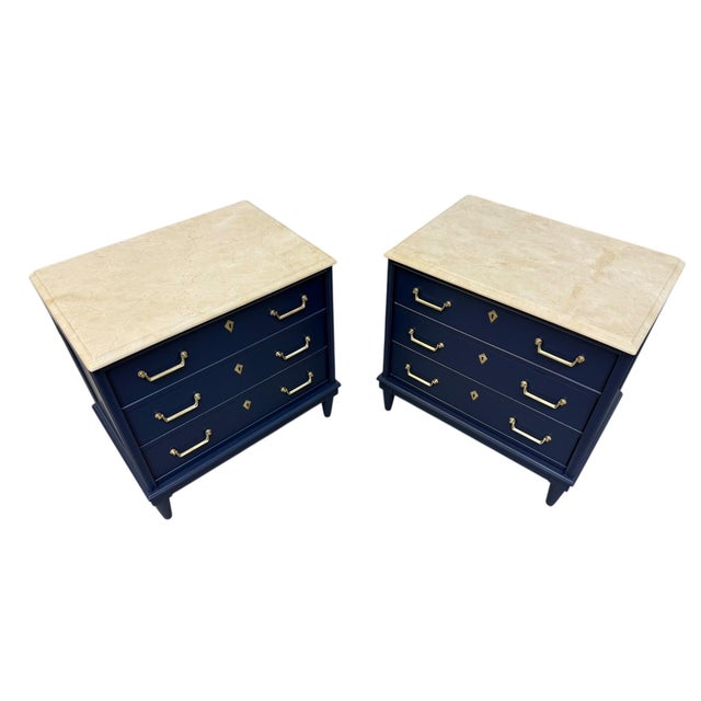 Mid-Century Modern Vintage American of Martinsville Navy Blue Marble Top Nightstands - Set of 2 For Sale - Image 3 of 10